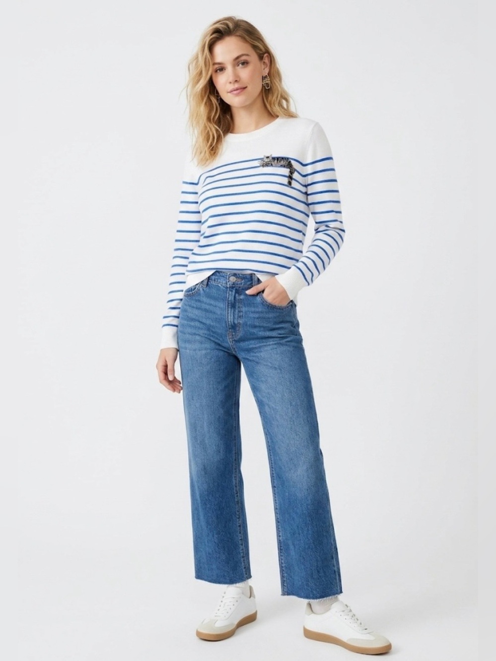 Calligraphie White & Blue Stripes Crewneck Sweater Cat Detail - Size Xl